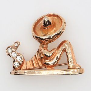 Vintage Sleeping Mexican Man Sombrero Cactus Gold Tone Rhinestone Brooch 1950s